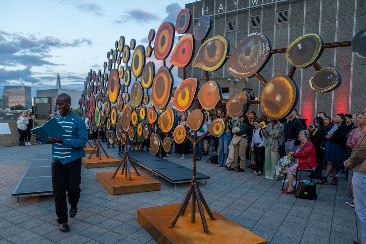 Love Ssega performs in front of Birds Watching III at the Hayward Gallery