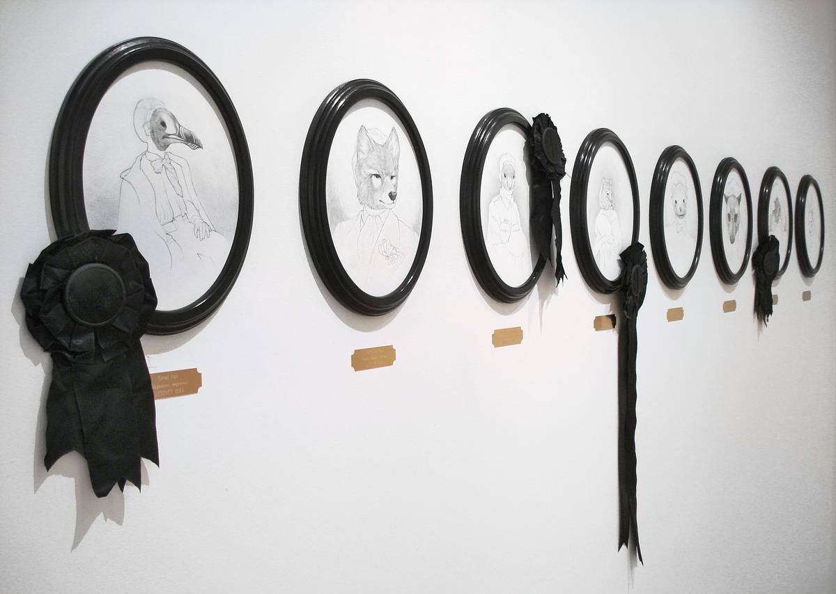 Image of Jenny Kendler's drawing series "The Extinction Portraits" showing people wearing extinct species masks