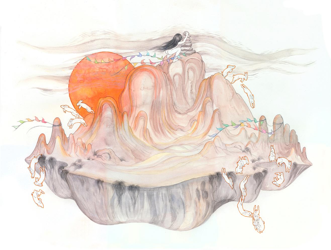 Drawing / Painting of a woman making a stone cairn to hel Volcano Rabbits / teporingo / zacatuche / Romerolagus diazi - environmental art, nature vs culture
