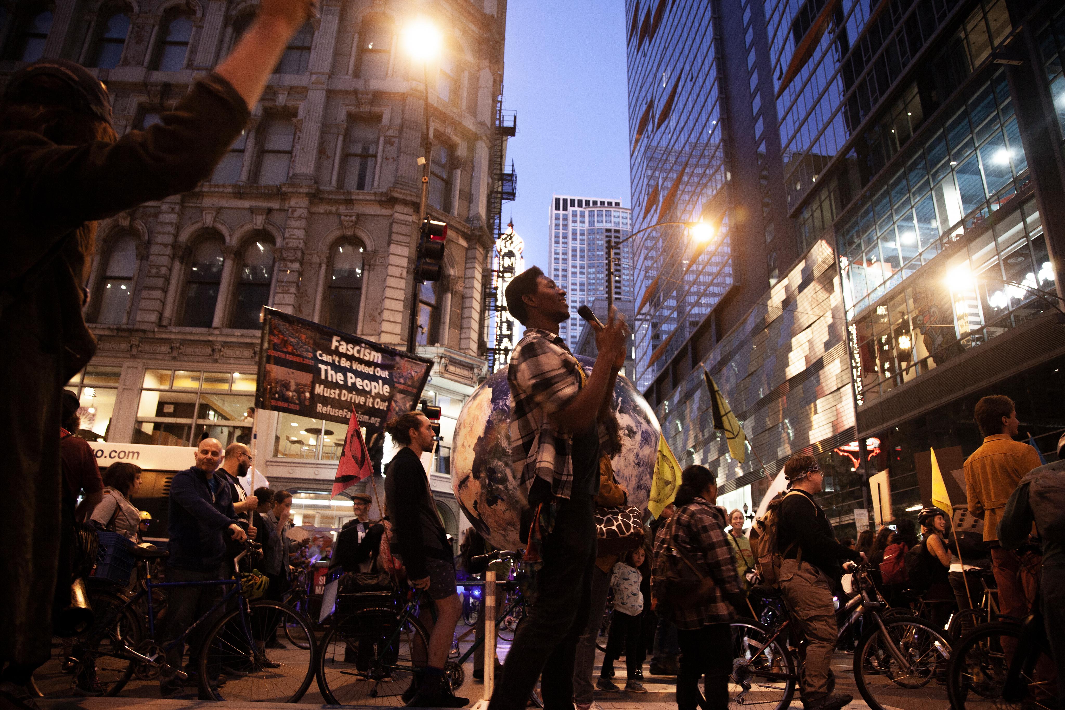 Oct 7th - Launch of the International Rebellion - Secoyah after dark, as part of out roving blockade in the Loop