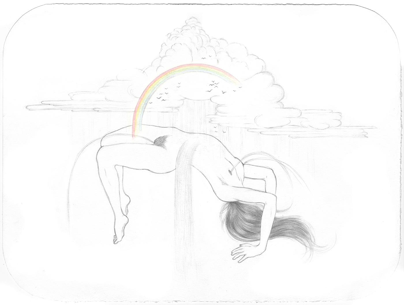 Drawing of a woman with a storm raining on her creating waterfalls by Jenny Kendler