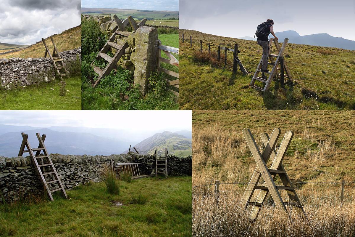 Traditional stiles, built to allow humans to cross a pasture's fence
