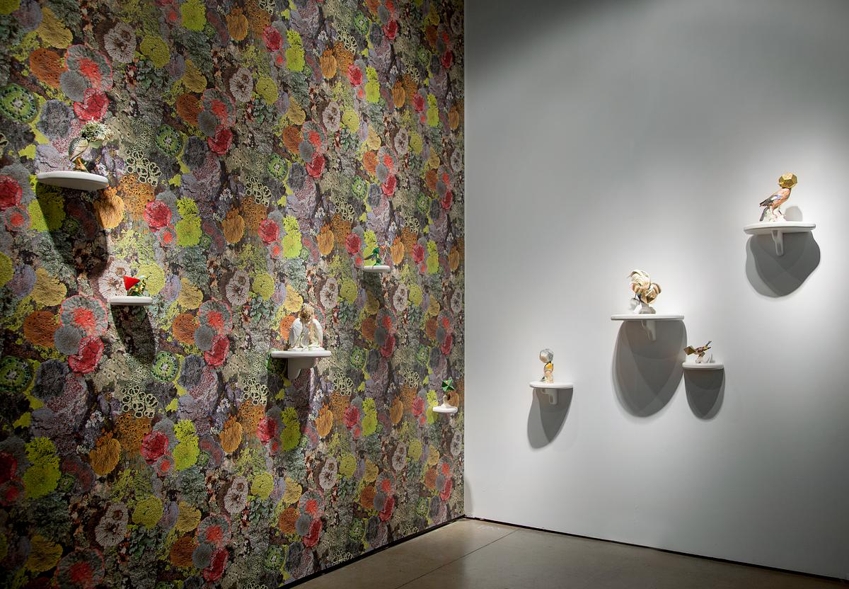 View of Camouflage bird sculptures and Natural Camouflage Lichen Wallpaper, which accompanied Tell it to the Birds at EXPO Chicago View of Camouflage bird sculptures and Natural Camouflage Lichen Wallpaper, which accompanied Tell it to the Birds at EXPO Chicago