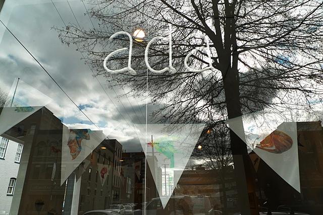 'Extinction Pennants' seen through ADA Gallery front window
