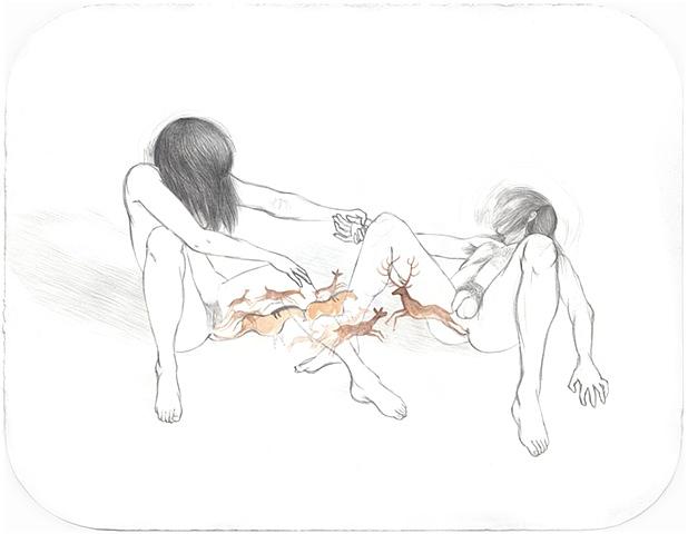 Drawing / Painting of a woman helping a man with cave paintings, horse, stag, deer like Lascaux- environmental art, nature vs culture