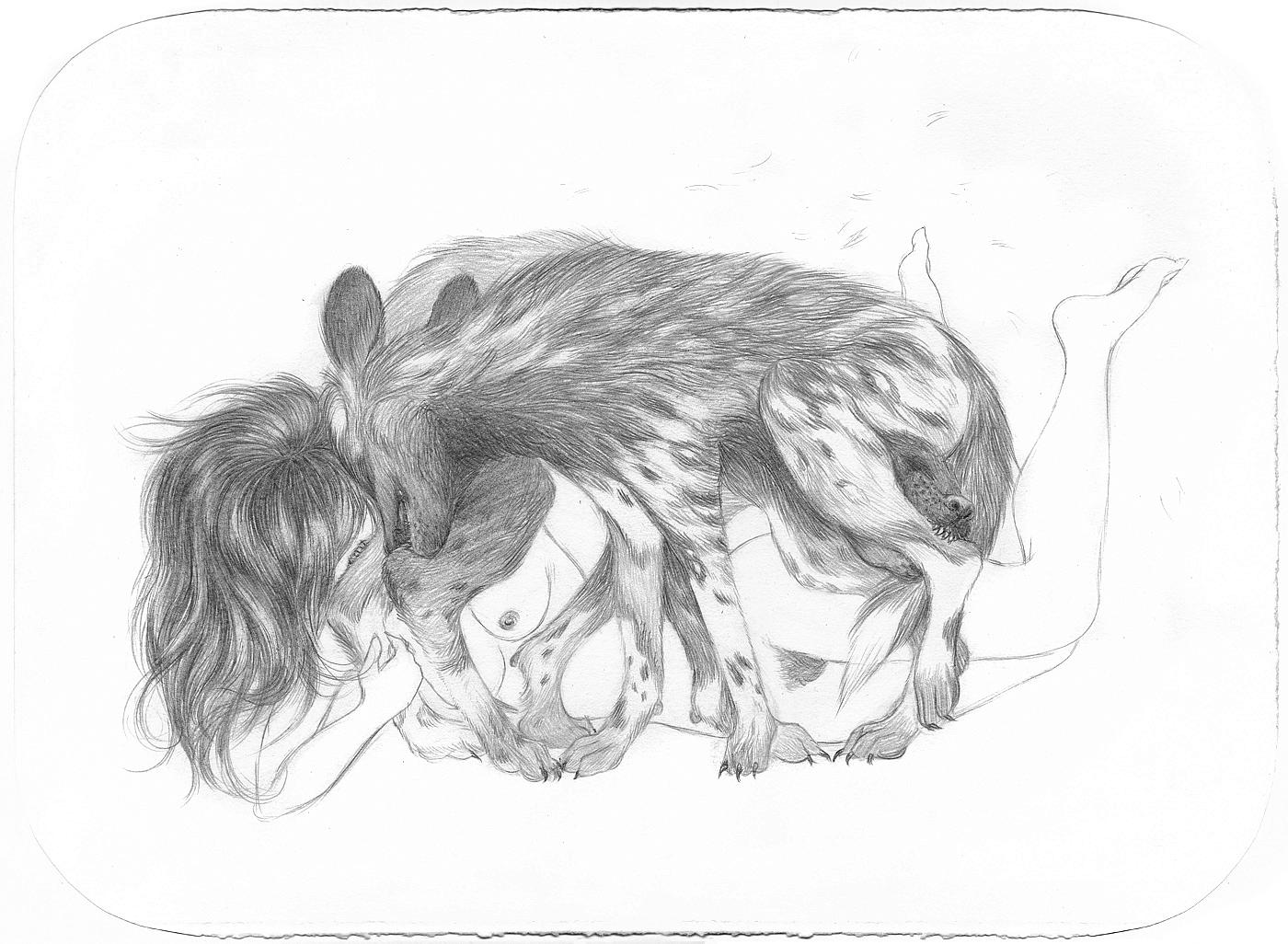 Drawing of woman wrestling with endangered African Wild Dogs by Jenny Kendler