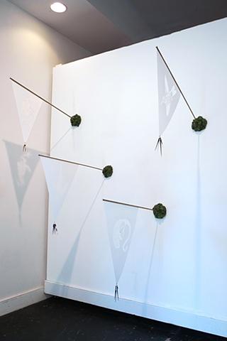 Installation view of 'Extinction Pennants (Bogota Sunangel - Extinct 1909, Ilin Island Cloudrunner - Extinct 1953, Passenger Pigeon - Extinct 1914, Golden Toad - Extinct 1989)'